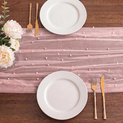 Pearl Table Runner Tulle 30x120 Inch 10FT Long, Pink Gauze Table Runners, Rustic Boho for Wedding Arch Birthday Party Bridal Veil Baby Shower Decorations
