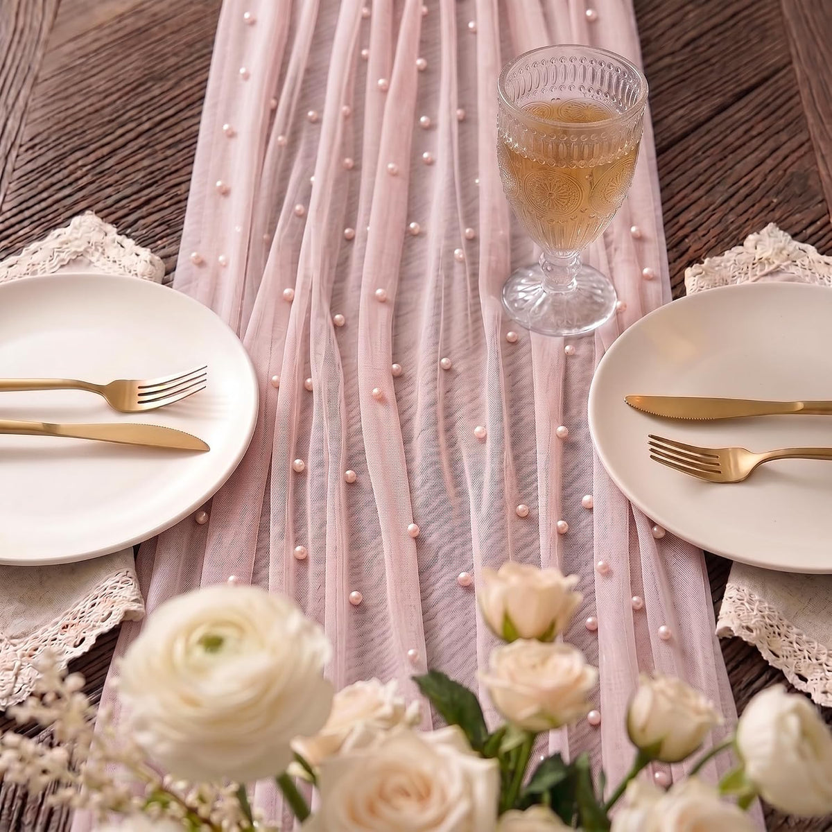Pearl Table Runner Tulle 30x120 Inch 10FT Long, Pink Gauze Table Runners, Rustic Boho for Wedding Arch Birthday Party Bridal Veil Baby Shower Decorations