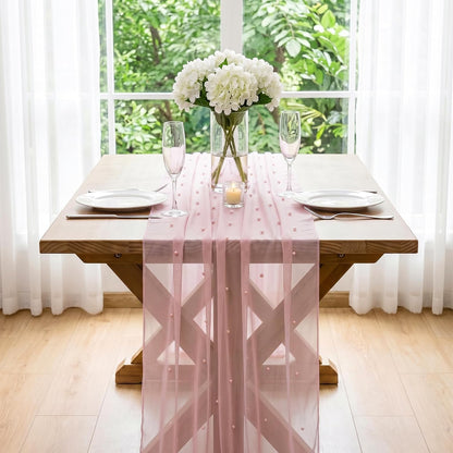 Pearl Table Runner Tulle 30x120 Inch 10FT Long, Pink Gauze Table Runners, Rustic Boho for Wedding Arch Birthday Party Bridal Veil Baby Shower Decorations