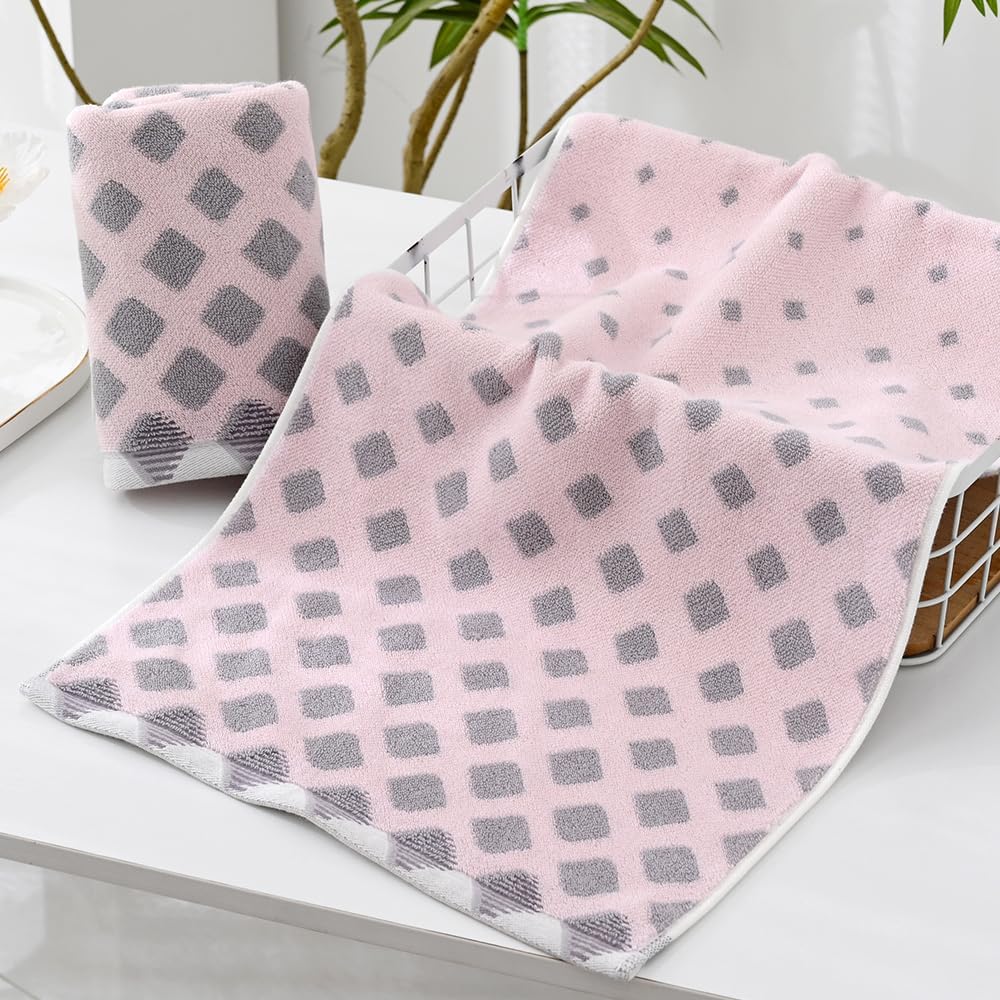 Hand Towel Set of 2 Super Soft Highly Absorbent Modern Gradient Square Pattern Design 100% Cotton Face Towels Quick Dry Hand Towels for Bathroom Decor 13 x 29 Inch(Pink & Grey)