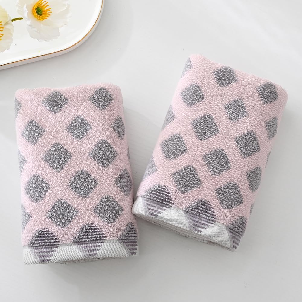Hand Towel Set of 2 Super Soft Highly Absorbent Modern Gradient Square Pattern Design 100% Cotton Face Towels Quick Dry Hand Towels for Bathroom Decor 13 x 29 Inch(Pink & Grey)