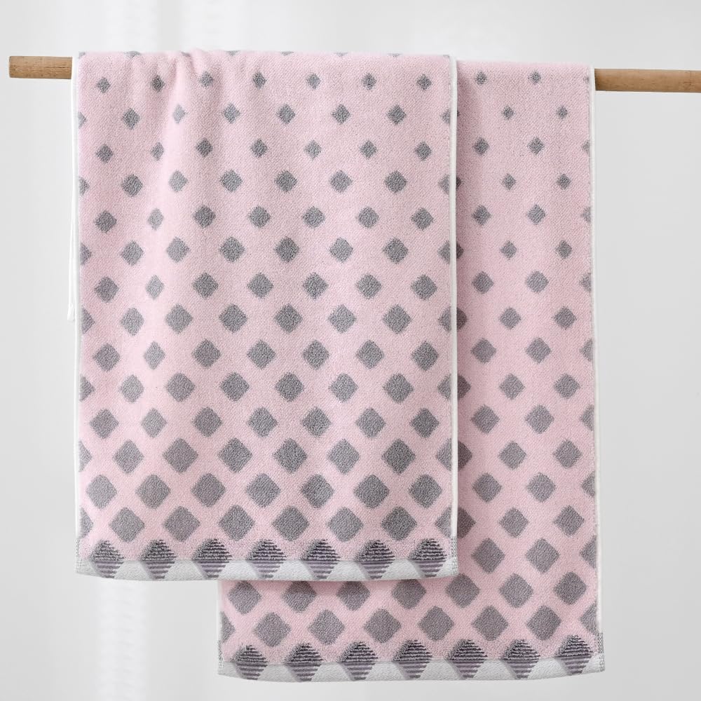Hand Towel Set of 2 Super Soft Highly Absorbent Modern Gradient Square Pattern Design 100% Cotton Face Towels Quick Dry Hand Towels for Bathroom Decor 13 x 29 Inch(Pink & Grey)