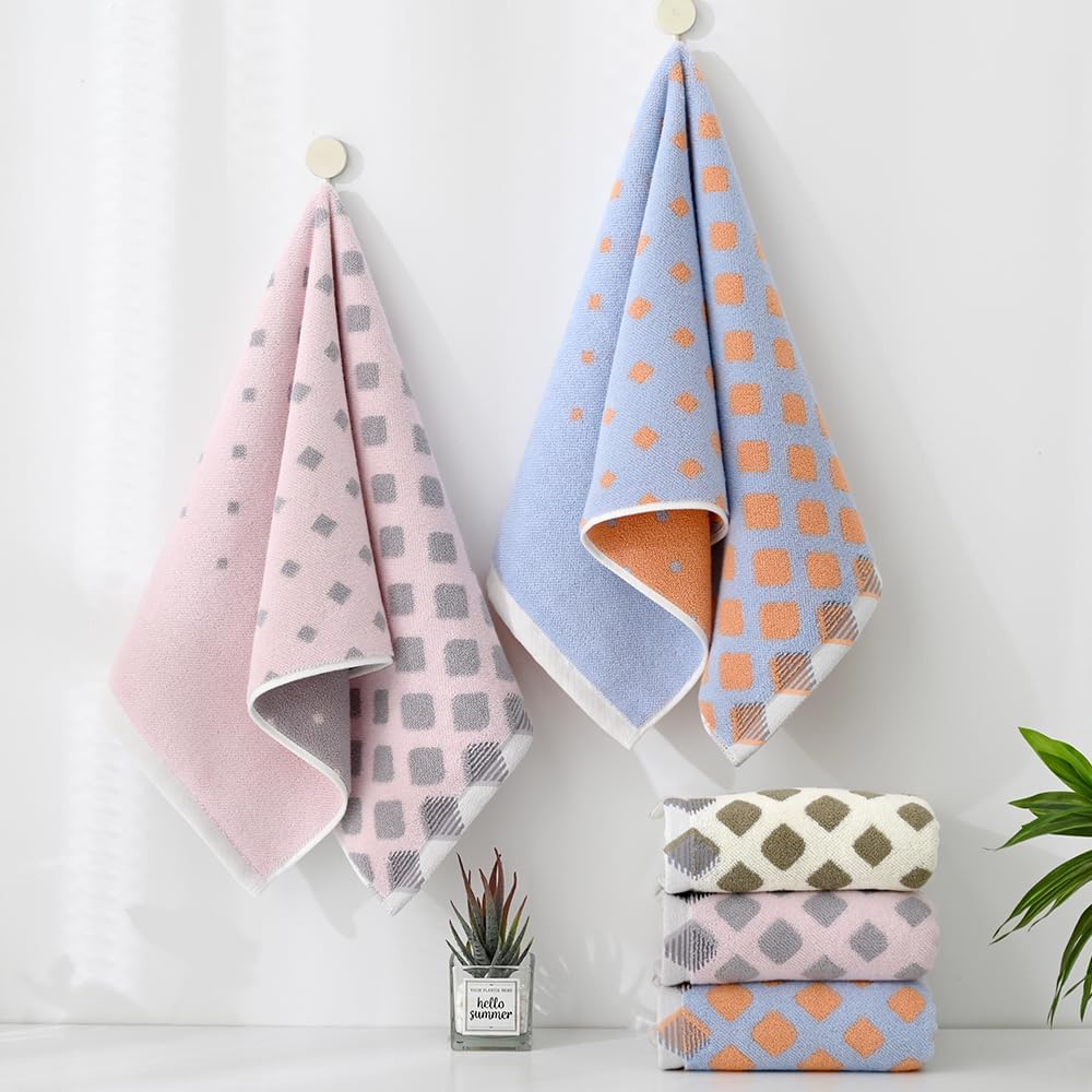 Hand Towel Set of 2 Super Soft Highly Absorbent Modern Gradient Square Pattern Design 100% Cotton Face Towels Quick Dry Hand Towels for Bathroom Decor 13 x 29 Inch(Pink & Grey)