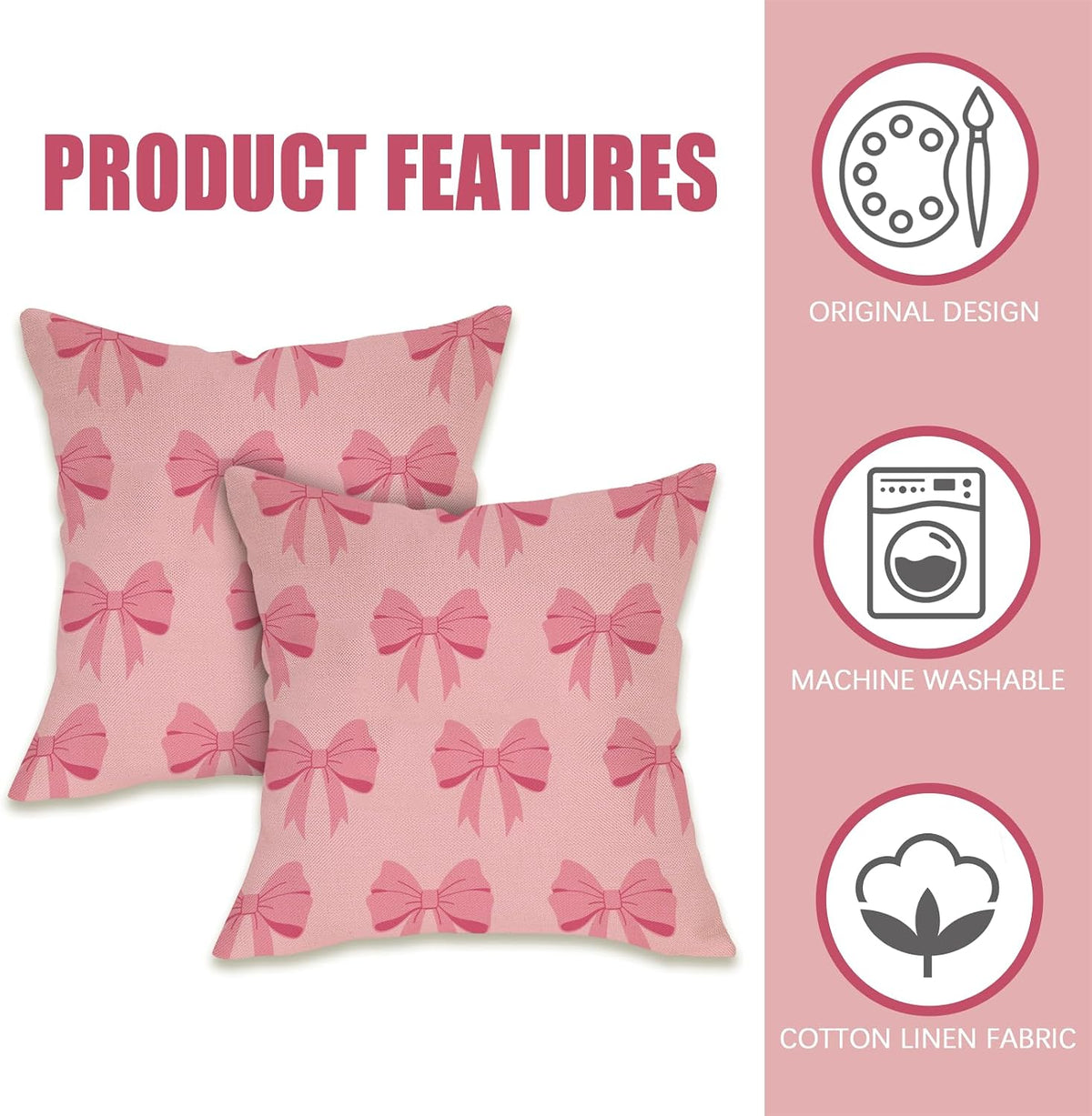 Pink Bow Decorative Throw Pillow Covers 18 x 18 Set of 2