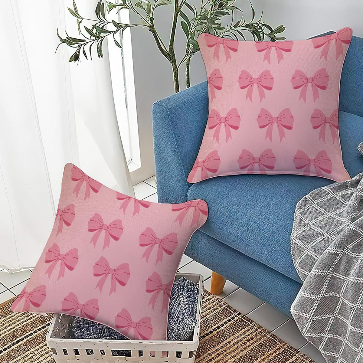 Pink Bow Decorative Throw Pillow Covers 18 x 18 Set of 2