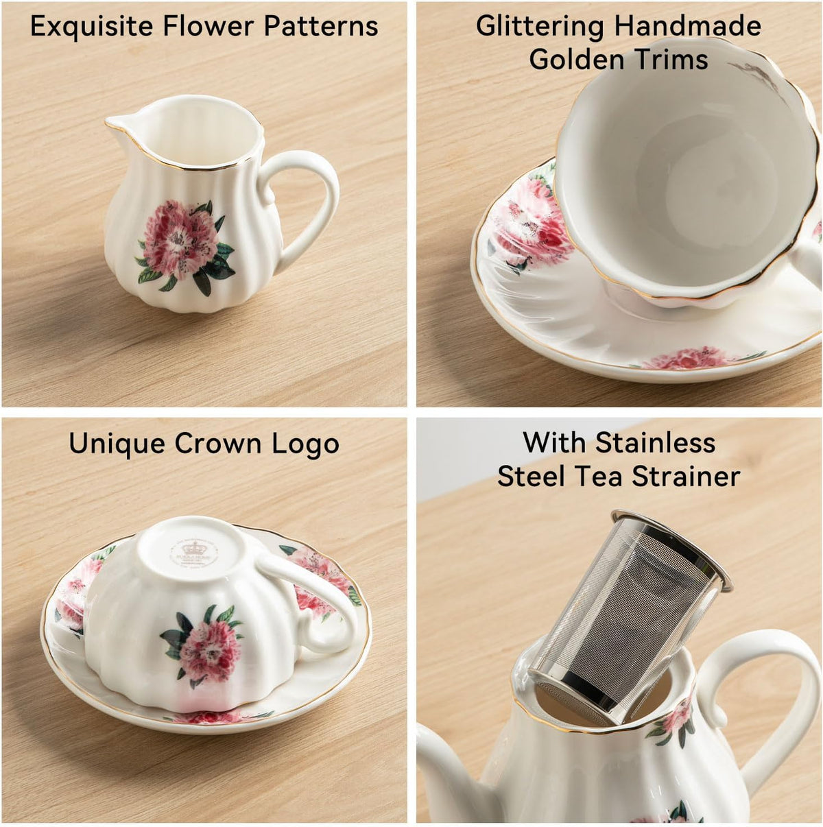 Sweejar Porcelain Tea Sets British Royal Series, 8 OZ Cups & Saucer Service for 6, with Teapot Sugar Bowl Cream Pitcher Teaspoons and Tea Strainer, Suitable for High Tea, Wedding, Party