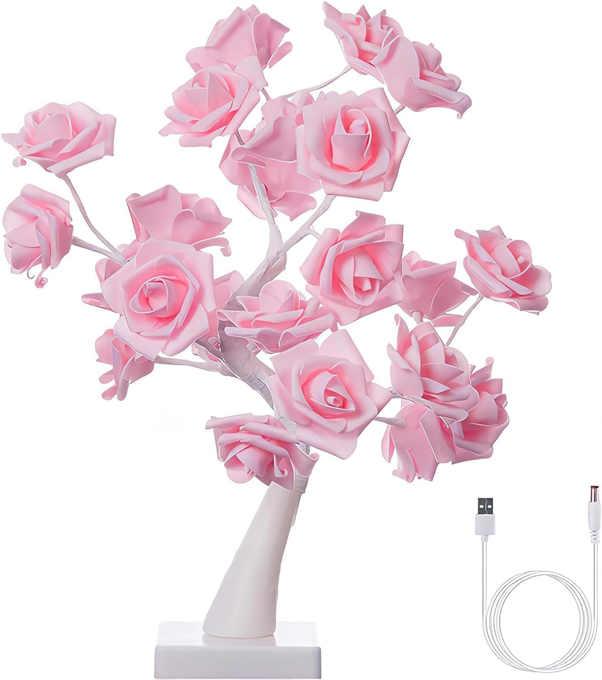 18" Tree Table Lamp 24 Pink Artificial Flower Rose,Wedding Light Home Decor Bedside Night Light Battery Powered Pink Table Lamp for Girl Women, Mother's Day, Valentine's Day, Birthday Present