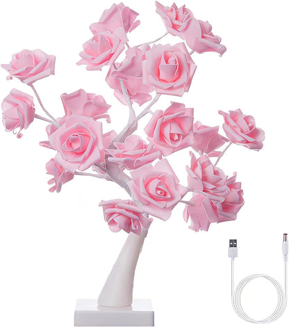 18" Tree Table Lamp 24 Pink Artificial Flower Rose,Wedding Light Home Decor Bedside Night Light Battery Powered Pink Table Lamp for Girl Women, Mother's Day, Valentine's Day, Birthday Present