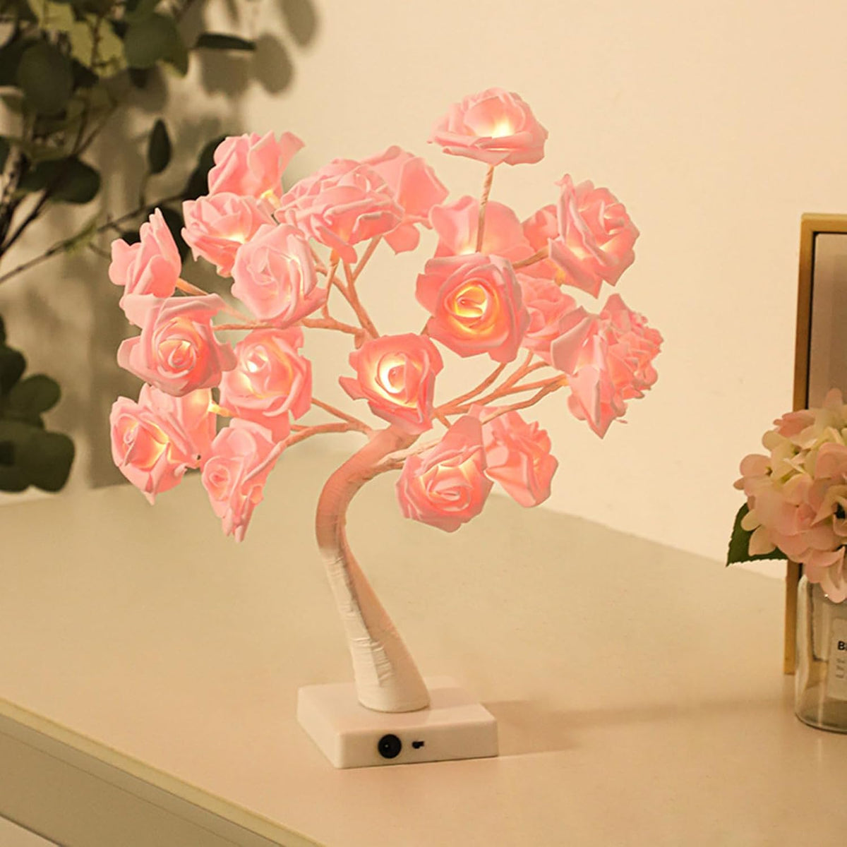 18" Tree Table Lamp 24 Pink Artificial Flower Rose,Wedding Light Home Decor Bedside Night Light Battery Powered Pink Table Lamp for Girl Women, Mother's Day, Valentine's Day, Birthday Present