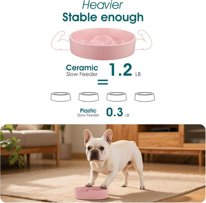 Ceramic Slow Feeder Dog Bowl, 0.6 Cup Puzzle Dish for Small Breeds