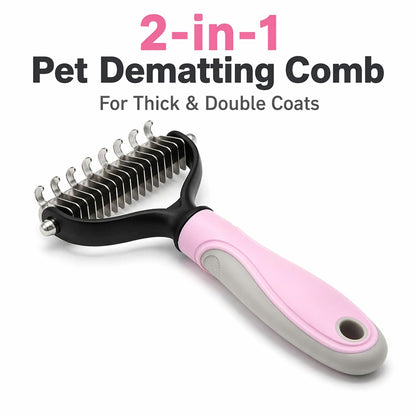 Pet Pro Grooming Tool, 2-In-1 Double-Sided Grooming Tool, Sided Deshedding Dematting Tool, Undercoat Rake for Dogs & Cats, Extra-Wide Dog Grooming Brush & Deshedder Comb for Long Hair(Blue + Pink)