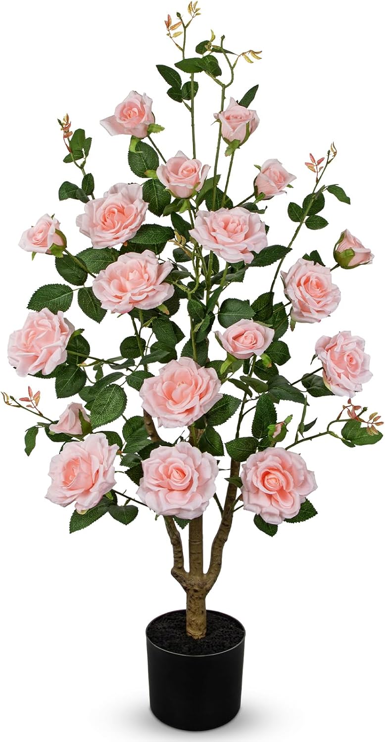 Artificial Camellia Tree 3FT Pink Faux Camille Rose Tree in Pot Fake Roses Camellia Plants & Flowers in Vase Fake Potted Flower Plant for Indoor Outdoor Home Front Door Porch Decorations