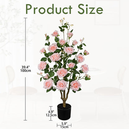 Artificial Camellia Tree 3FT Pink Faux Camille Rose Tree in Pot Fake Roses Camellia Plants & Flowers in Vase Fake Potted Flower Plant for Indoor Outdoor Home Front Door Porch Decorations