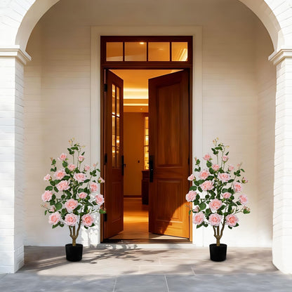 Artificial Camellia Tree 3FT Pink Faux Camille Rose Tree in Pot Fake Roses Camellia Plants & Flowers in Vase Fake Potted Flower Plant for Indoor Outdoor Home Front Door Porch Decorations