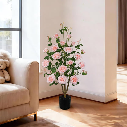 Artificial Camellia Tree 3FT Pink Faux Camille Rose Tree in Pot Fake Roses Camellia Plants & Flowers in Vase Fake Potted Flower Plant for Indoor Outdoor Home Front Door Porch Decorations