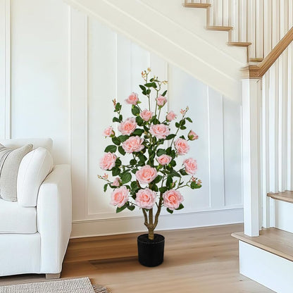 Artificial Camellia Tree 3FT Pink Faux Camille Rose Tree in Pot Fake Roses Camellia Plants & Flowers in Vase Fake Potted Flower Plant for Indoor Outdoor Home Front Door Porch Decorations