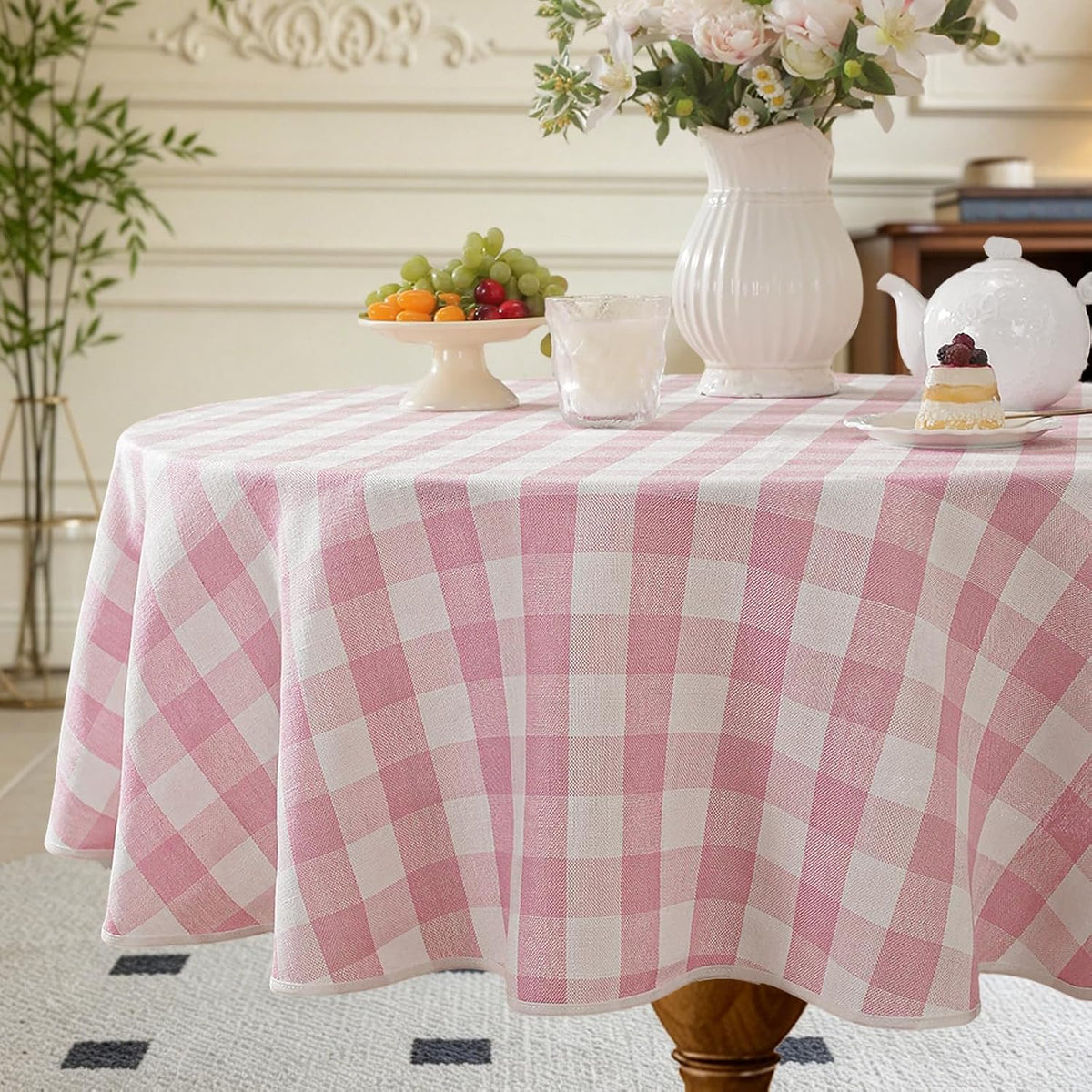 Pink Gingham Round Tablecloth 60 Inch, Checkered Circle Table Cloth Washable Wrinkle Free, Cotton Linen Buffalo Plaid Table Cover for Picnic Kitchen Dining Room