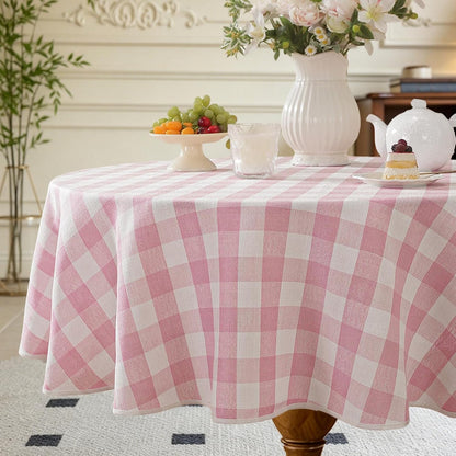 Pink Gingham Round Tablecloth 60 Inch, Checkered Circle Table Cloth Washable Wrinkle Free, Cotton Linen Buffalo Plaid Table Cover for Picnic Kitchen Dining Room