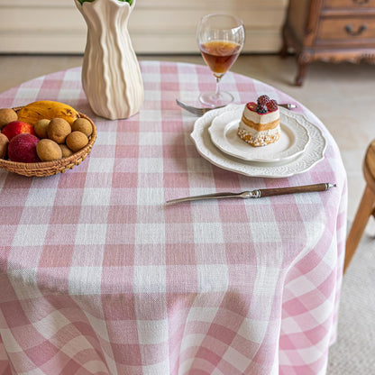 Pink Gingham Round Tablecloth 60 Inch, Checkered Circle Table Cloth Washable Wrinkle Free, Cotton Linen Buffalo Plaid Table Cover for Picnic Kitchen Dining Room