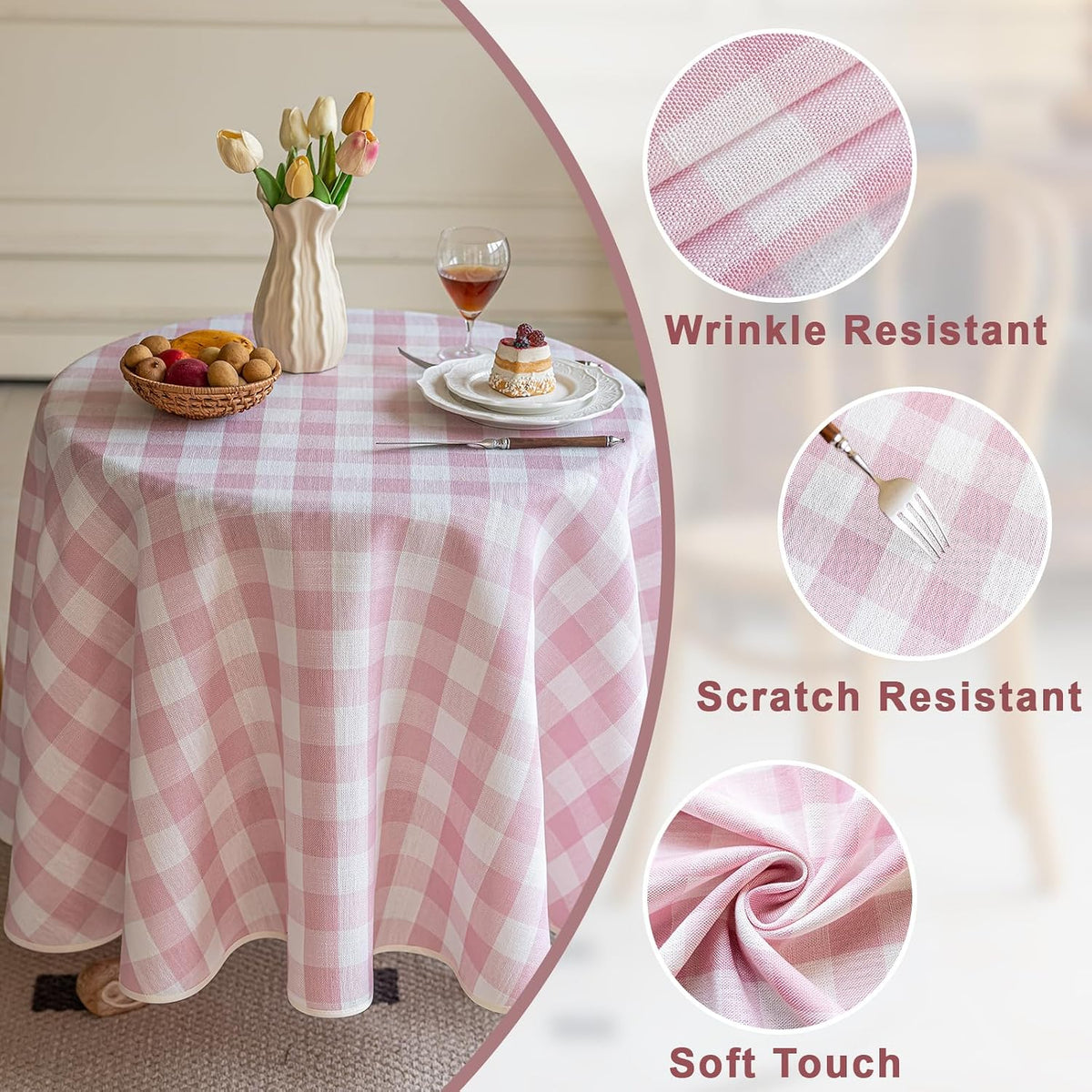 Pink Gingham Round Tablecloth 60 Inch, Checkered Circle Table Cloth Washable Wrinkle Free, Cotton Linen Buffalo Plaid Table Cover for Picnic Kitchen Dining Room