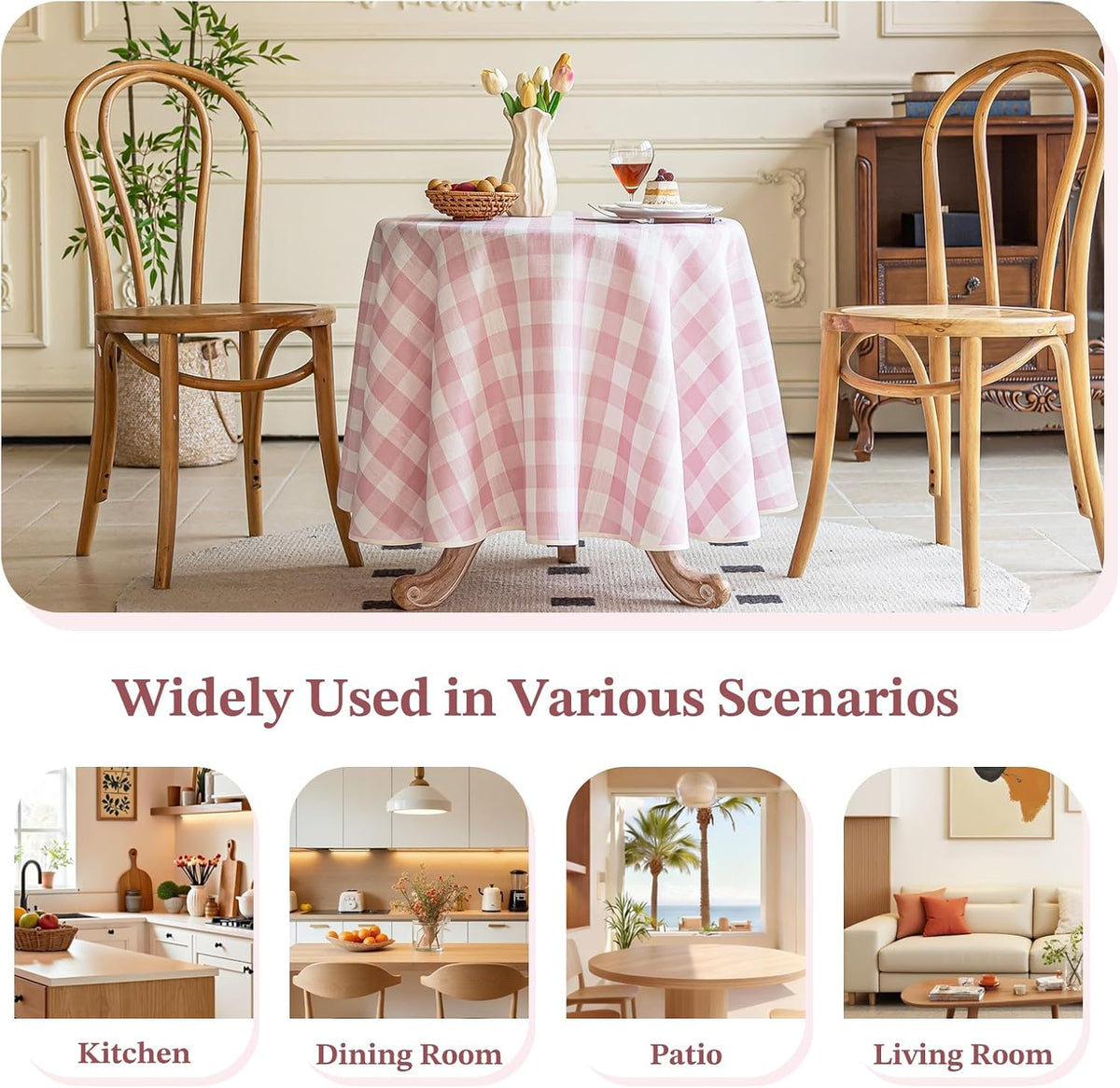 Pink Gingham Round Tablecloth 60 Inch, Checkered Circle Table Cloth Washable Wrinkle Free, Cotton Linen Buffalo Plaid Table Cover for Picnic Kitchen Dining Room