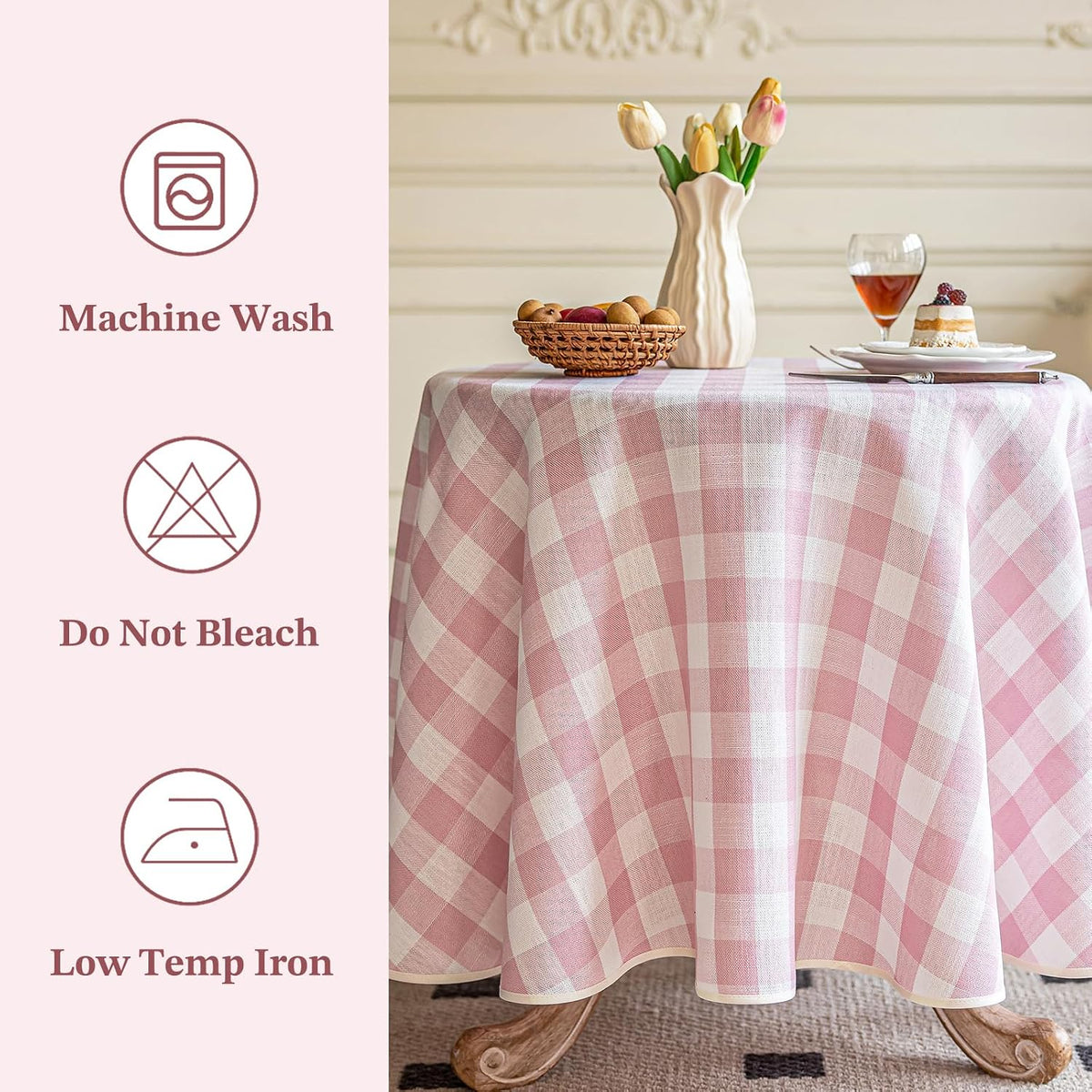 Pink Gingham Round Tablecloth 60 Inch, Checkered Circle Table Cloth Washable Wrinkle Free, Cotton Linen Buffalo Plaid Table Cover for Picnic Kitchen Dining Room