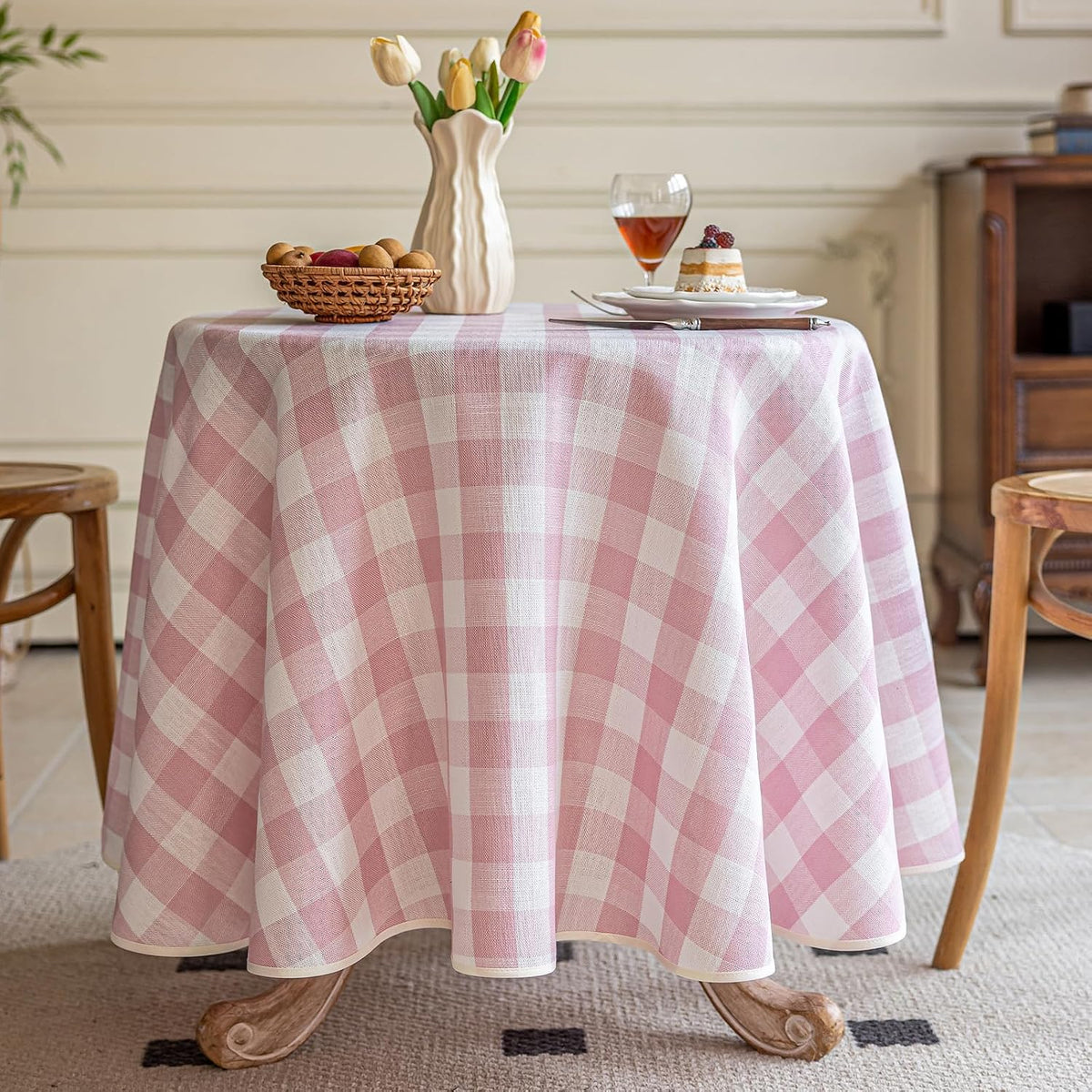 Pink Gingham Round Tablecloth 60 Inch, Checkered Circle Table Cloth Washable Wrinkle Free, Cotton Linen Buffalo Plaid Table Cover for Picnic Kitchen Dining Room