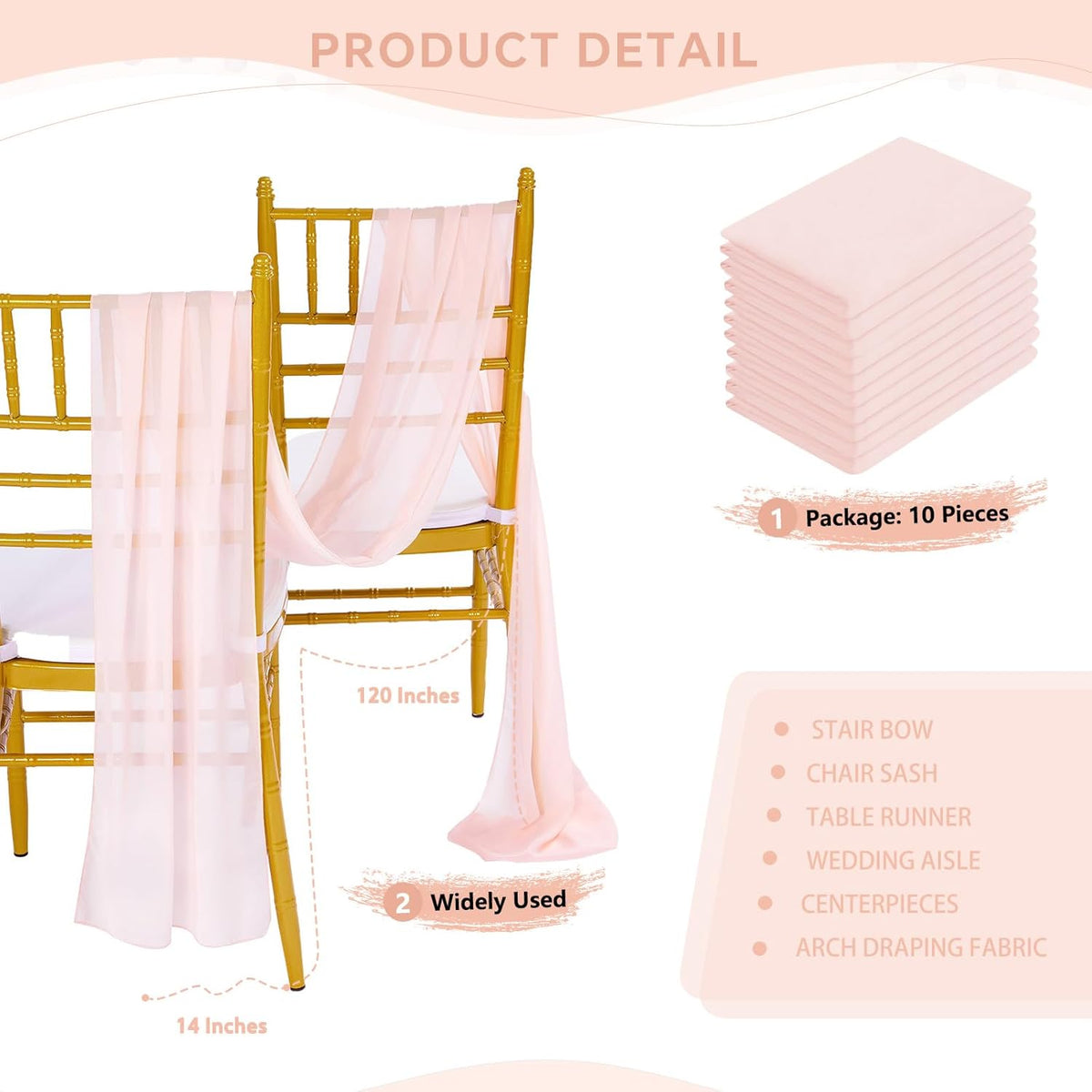 10FT Light Peach Table Runner 10 Packs Chiffon Wedding Valance Table Swags