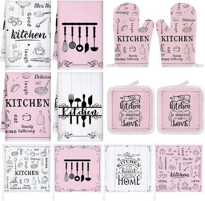 12 Pcs Farmhouse Pink Kitchen Decorations Sets 4 Pink and White Kitchen Towels 4 Absorbent Dishcloths 2 Pot Holders 2 Oven Mitts Gloves for Home Decorations Mom Gifts