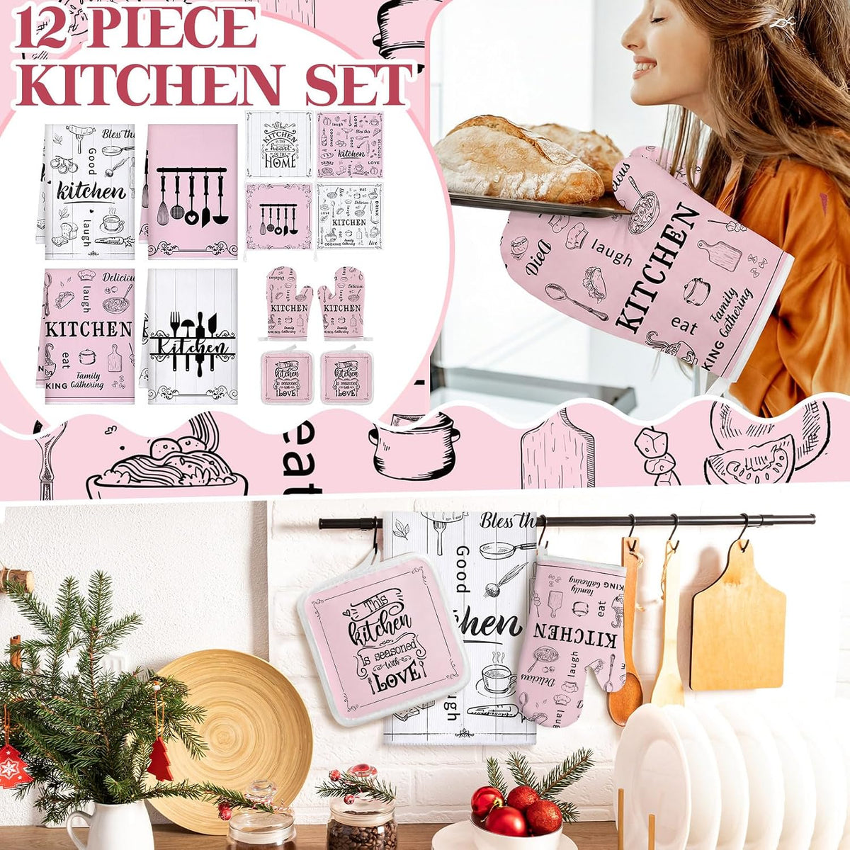 12 Pcs Farmhouse Pink Kitchen Decorations Sets 4 Pink and White Kitchen Towels 4 Absorbent Dishcloths 2 Pot Holders 2 Oven Mitts Gloves for Home Decorations Mom Gifts