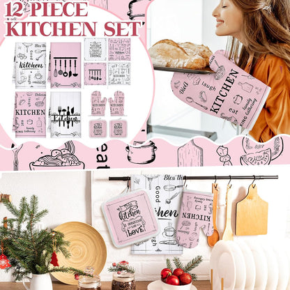 12 Pcs Farmhouse Pink Kitchen Decorations Sets 4 Pink and White Kitchen Towels 4 Absorbent Dishcloths 2 Pot Holders 2 Oven Mitts Gloves for Home Decorations Mom Gifts
