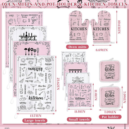 12 Pcs Farmhouse Pink Kitchen Decorations Sets 4 Pink and White Kitchen Towels 4 Absorbent Dishcloths 2 Pot Holders 2 Oven Mitts Gloves for Home Decorations Mom Gifts
