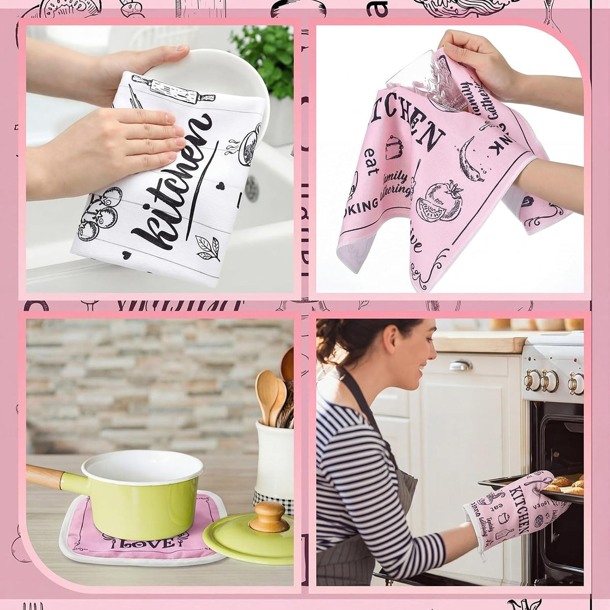 12 Pcs Farmhouse Pink Kitchen Decorations Sets 4 Pink and White Kitchen Towels 4 Absorbent Dishcloths 2 Pot Holders 2 Oven Mitts Gloves for Home Decorations Mom Gifts