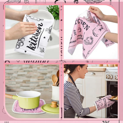 12 Pcs Farmhouse Pink Kitchen Decorations Sets 4 Pink and White Kitchen Towels 4 Absorbent Dishcloths 2 Pot Holders 2 Oven Mitts Gloves for Home Decorations Mom Gifts
