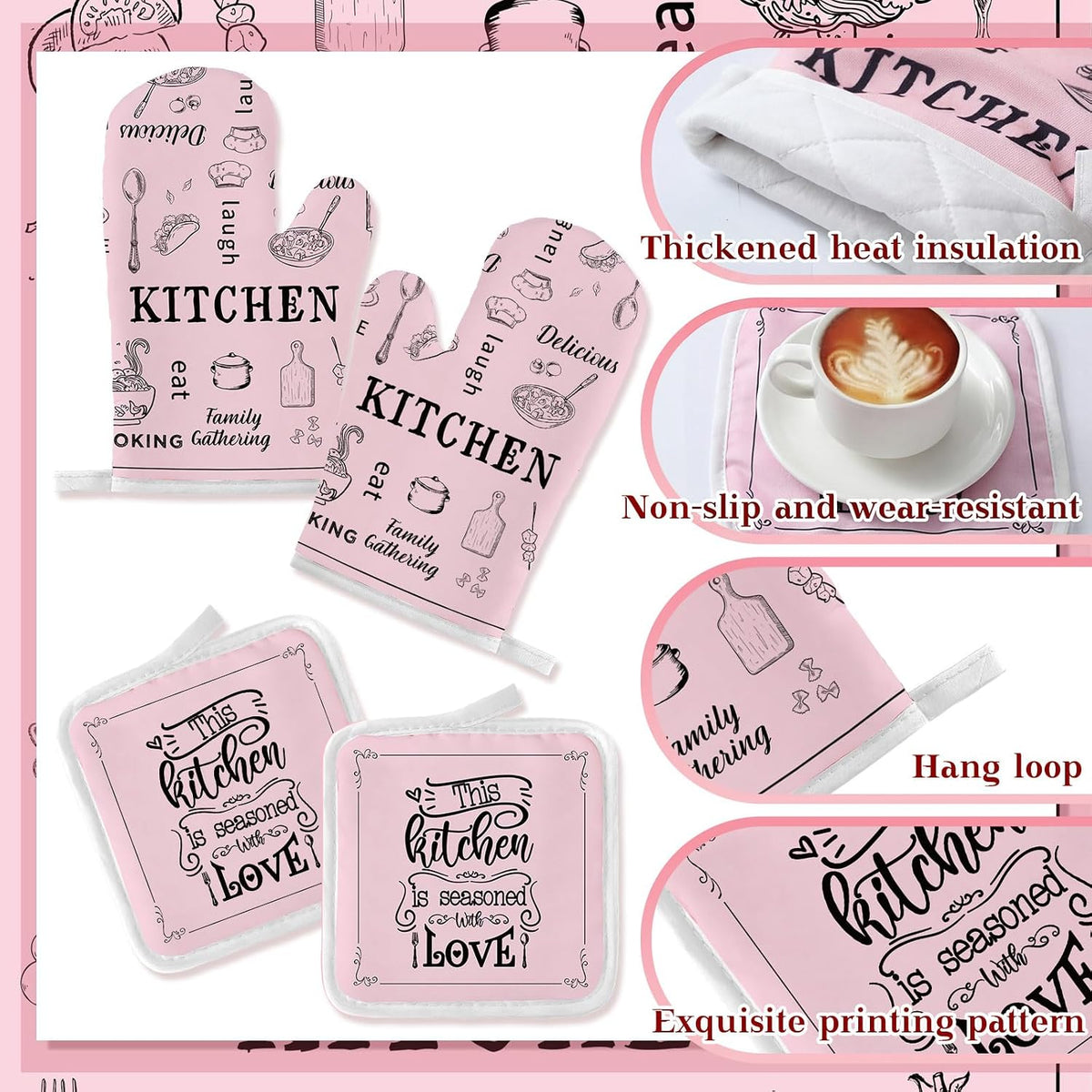 12 Pcs Farmhouse Pink Kitchen Decorations Sets 4 Pink and White Kitchen Towels 4 Absorbent Dishcloths 2 Pot Holders 2 Oven Mitts Gloves for Home Decorations Mom Gifts
