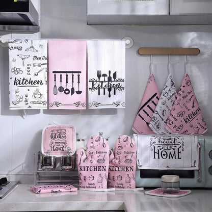 12 Pcs Farmhouse Pink Kitchen Decorations Sets 4 Pink and White Kitchen Towels 4 Absorbent Dishcloths 2 Pot Holders 2 Oven Mitts Gloves for Home Decorations Mom Gifts