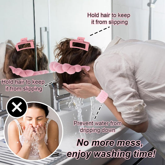 Wecoe Spa Headband & Wristband Set for Washing Face Facial Skincare Makeup Headband Puffy Sponge Bubble Head Band Bow Tie Hair Band Wrist Towels Hair Clips Women Girls Accessories Gifts(Pink)