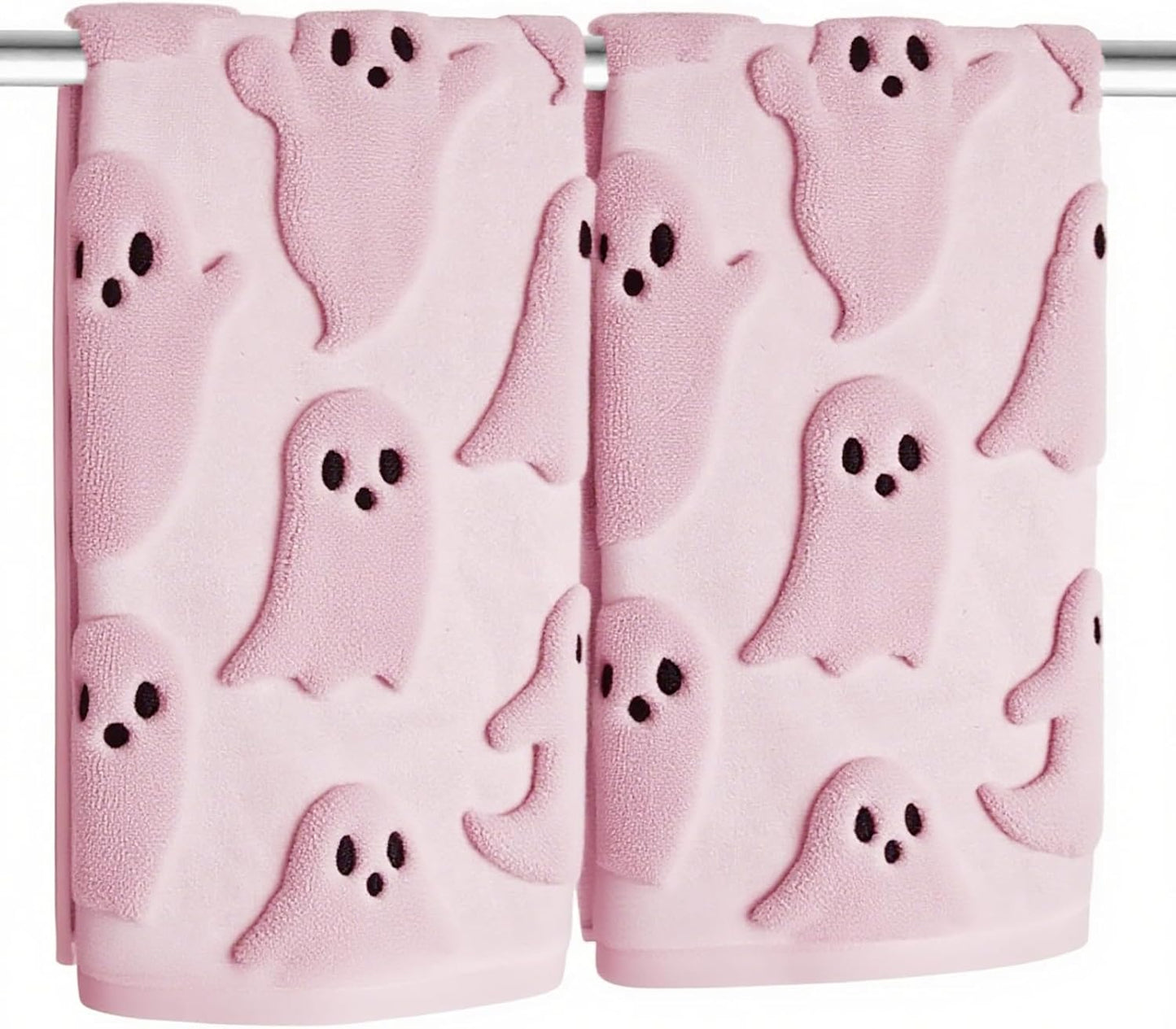 2 Pack Halloween Hand Towels 100% Cotton Jacquard Ghost Halloween Kitchen Towels White Bathroom Towels Set Seasonal Bathroom Decor (Pink Ghost, Halloween)
