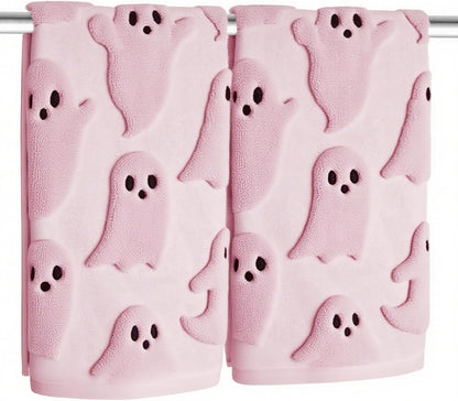 2 Pack Halloween Hand Towels 100% Cotton Jacquard Ghost Halloween Kitchen Towels White Bathroom Towels Set Seasonal Bathroom Decor (Pink Ghost, Halloween)