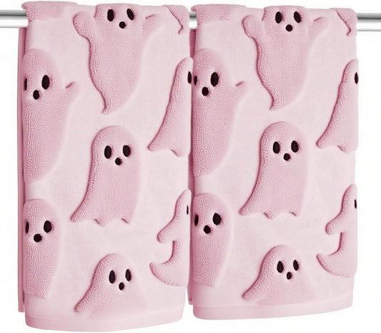 2 Pack Halloween Hand Towels 100% Cotton Jacquard Ghost Halloween Kitchen Towels White Bathroom Towels Set Seasonal Bathroom Decor (Pink Ghost, Halloween)