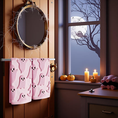 2 Pack Halloween Hand Towels 100% Cotton Jacquard Ghost Halloween Kitchen Towels White Bathroom Towels Set Seasonal Bathroom Decor (Pink Ghost, Halloween)