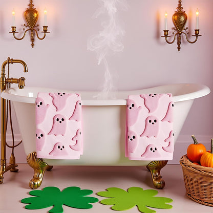 2 Pack Halloween Hand Towels 100% Cotton Jacquard Ghost Halloween Kitchen Towels White Bathroom Towels Set Seasonal Bathroom Decor (Pink Ghost, Halloween)