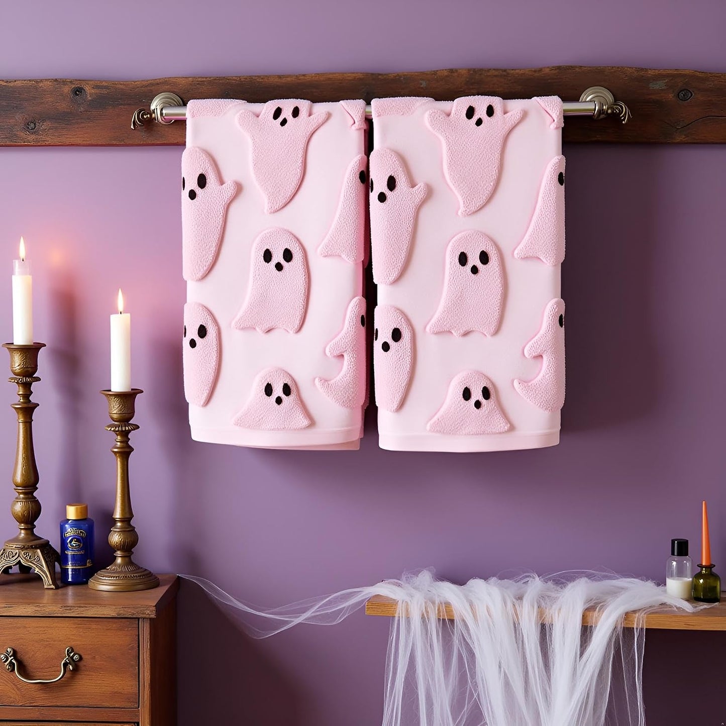 2 Pack Halloween Hand Towels 100% Cotton Jacquard Ghost Halloween Kitchen Towels White Bathroom Towels Set Seasonal Bathroom Decor (Pink Ghost, Halloween)
