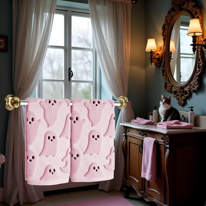 2 Pack Halloween Hand Towels 100% Cotton Jacquard Ghost Halloween Kitchen Towels White Bathroom Towels Set Seasonal Bathroom Decor (Pink Ghost, Halloween)