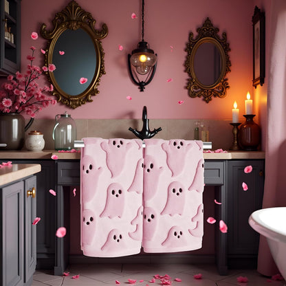 2 Pack Halloween Hand Towels 100% Cotton Jacquard Ghost Halloween Kitchen Towels White Bathroom Towels Set Seasonal Bathroom Decor (Pink Ghost, Halloween)