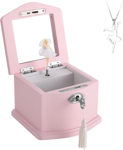Pink Small Ballerina Musical Jewelry Box with Mirror and Lock for Girls，Pink Kid's Jewelry Storage Music Chest,Gift for Christmas,New Year,Birthday