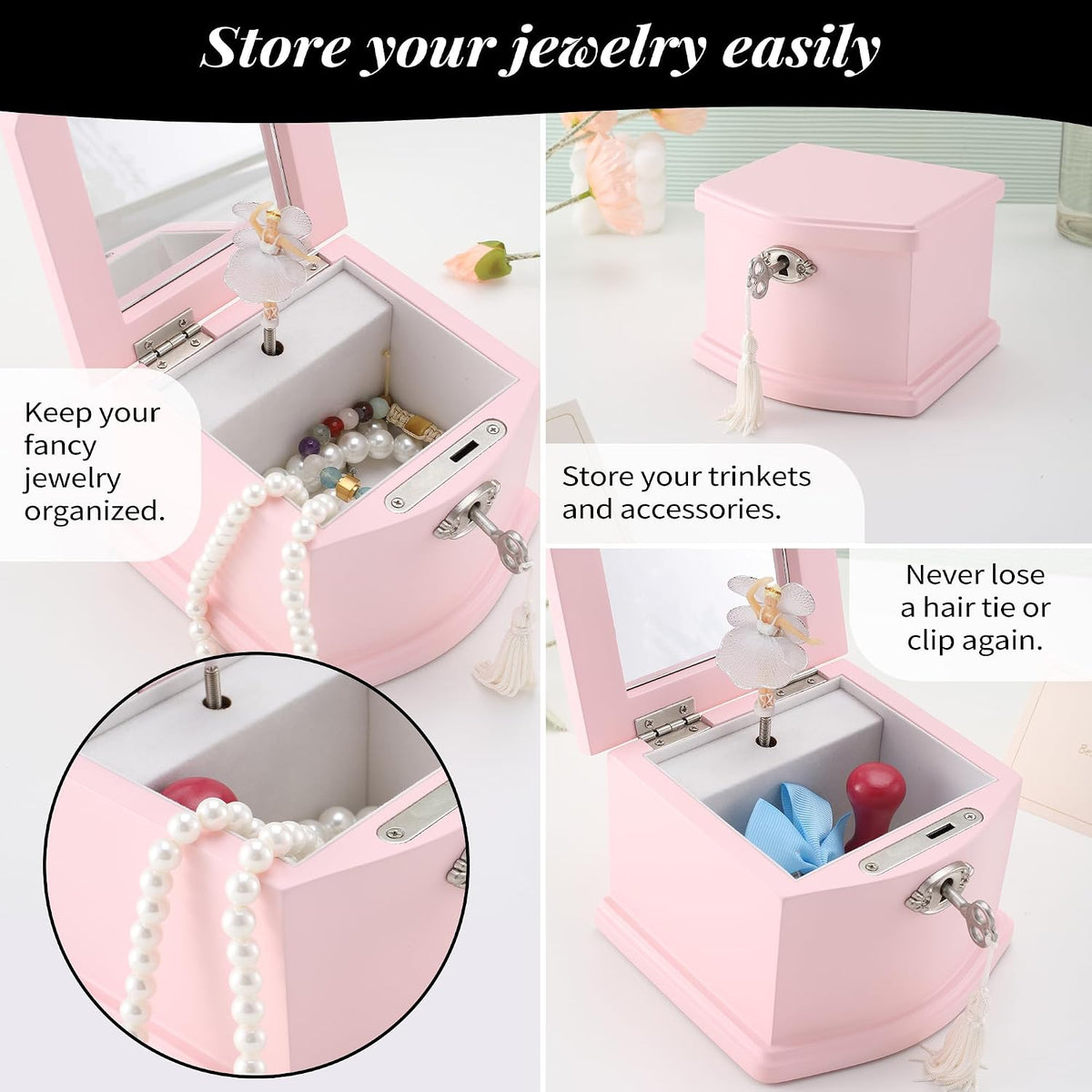 Pink Small Ballerina Musical Jewelry Box with Mirror and Lock for Girls，Pink Kid's Jewelry Storage Music Chest,Gift for Christmas,New Year,Birthday