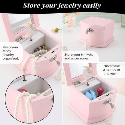 Pink Small Ballerina Musical Jewelry Box with Mirror and Lock for Girls，Pink Kid's Jewelry Storage Music Chest,Gift for Christmas,New Year,Birthday