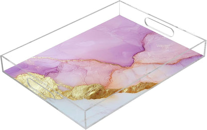 Acrylic Clear Trays Marble White Peach Trendy Clear Acrylic Tray with Handles 16 x 12 Acrylic Serving Tray Spill-Proof