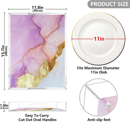 Acrylic Clear Trays Marble White Peach Trendy Clear Acrylic Tray with Handles 16 x 12 Acrylic Serving Tray Spill-Proof